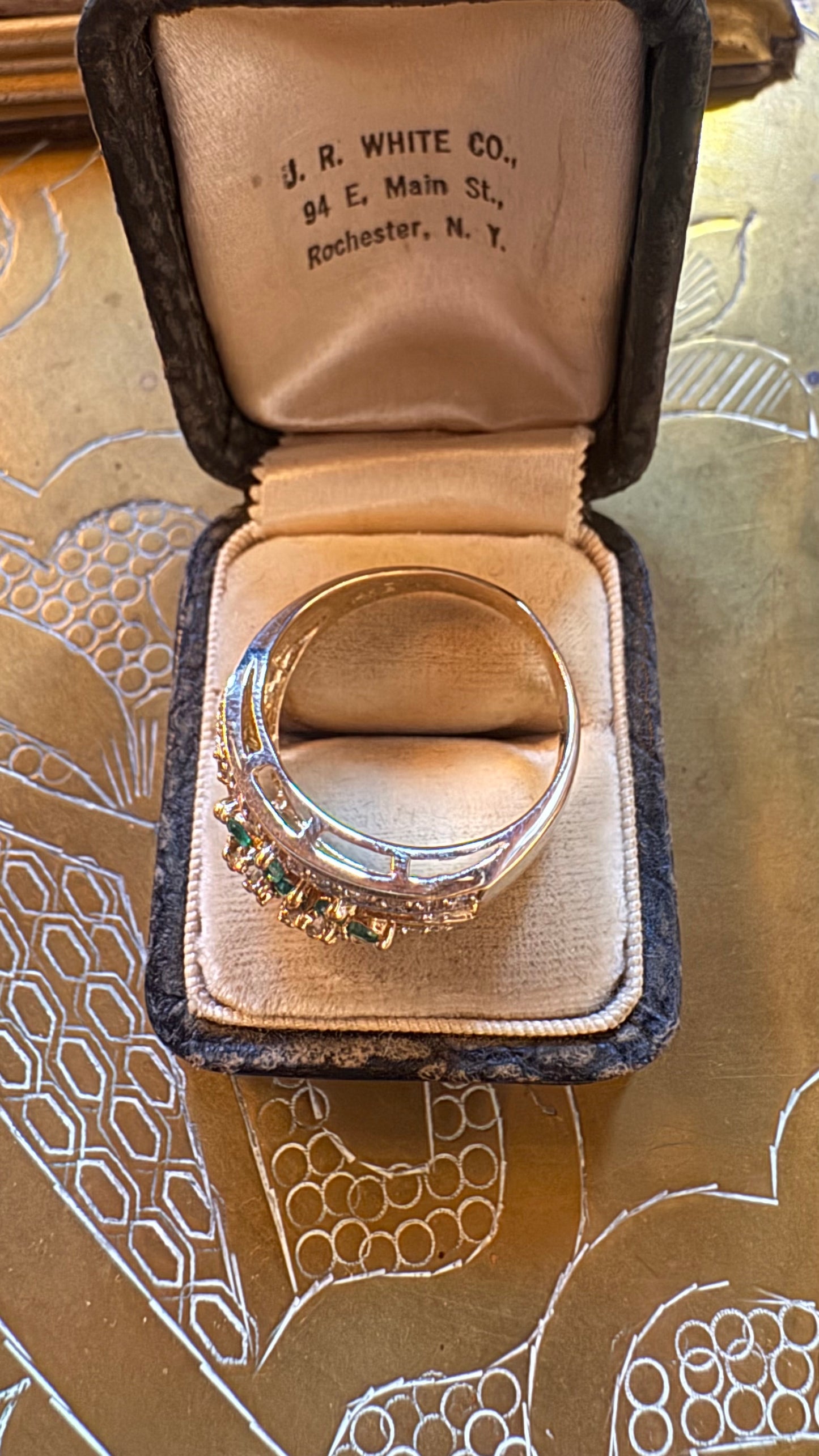 Stunning vintage emerald and diamond wide band