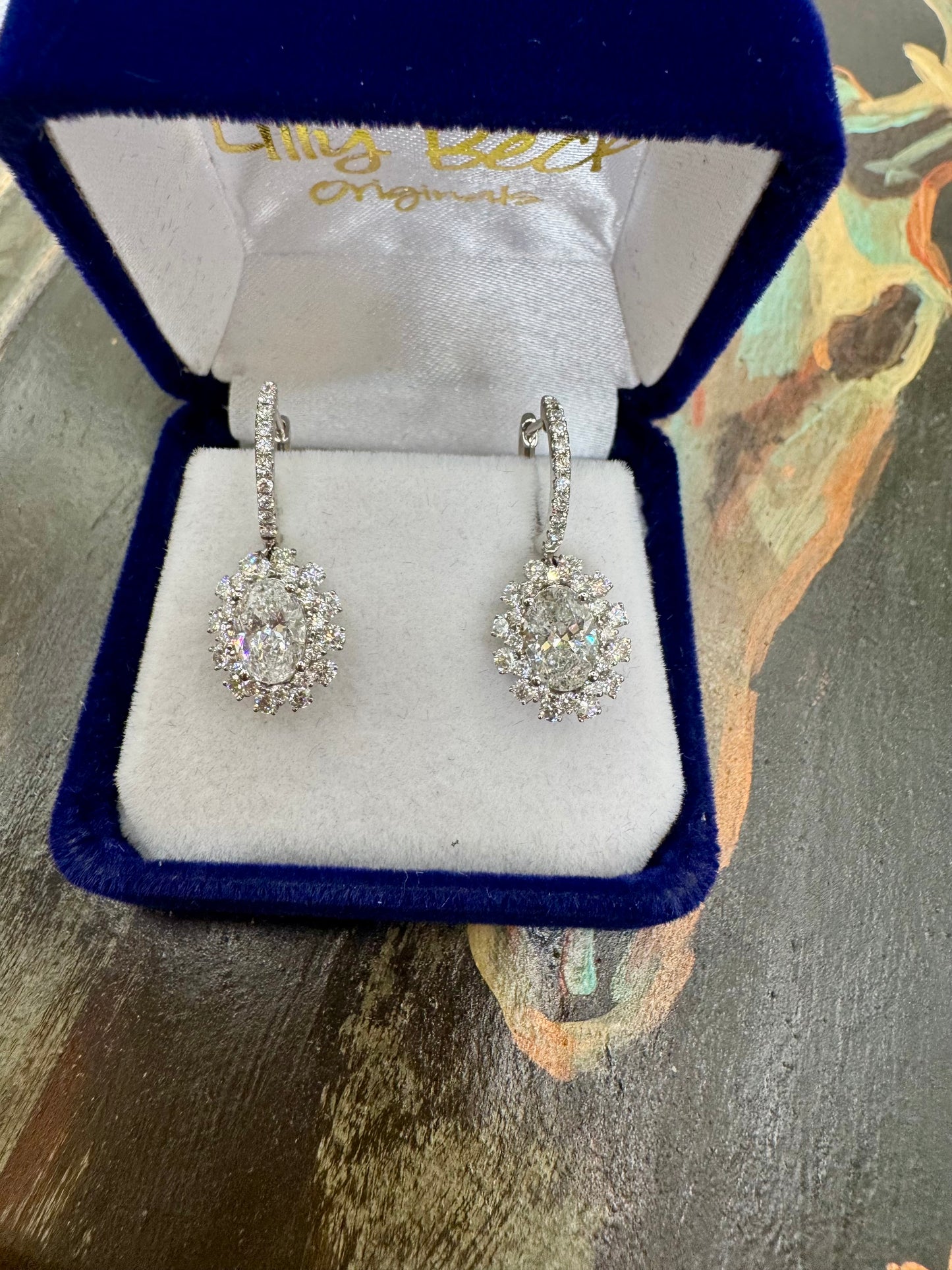 2.00ctw oval Diamond &  1.15ctw Round Diamonds Drop Earrings set in White Gold
