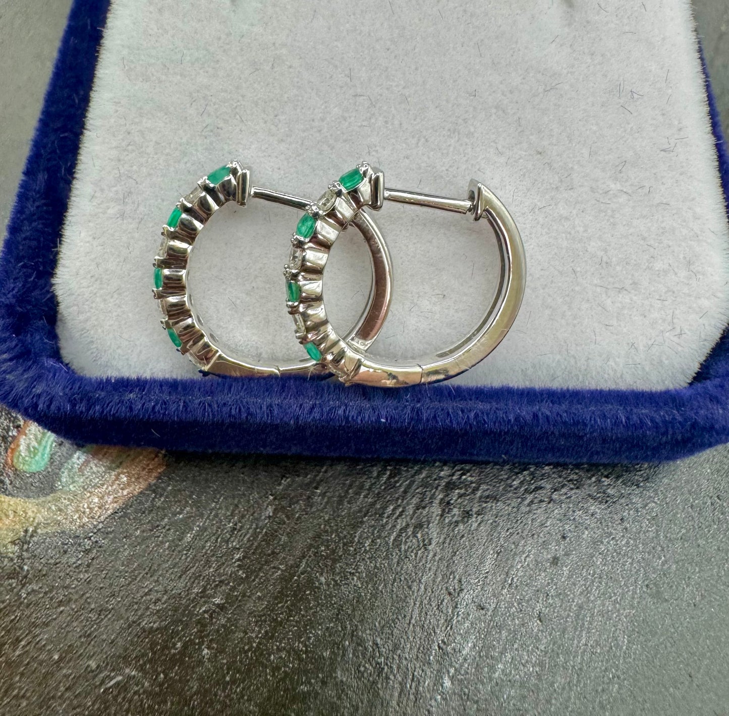 Emerald and Diamond Huggies set in 10k White Gold