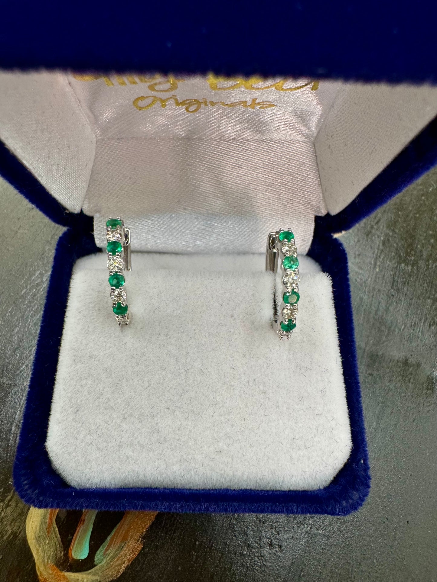 Emerald and Diamond Huggies set in 10k White Gold