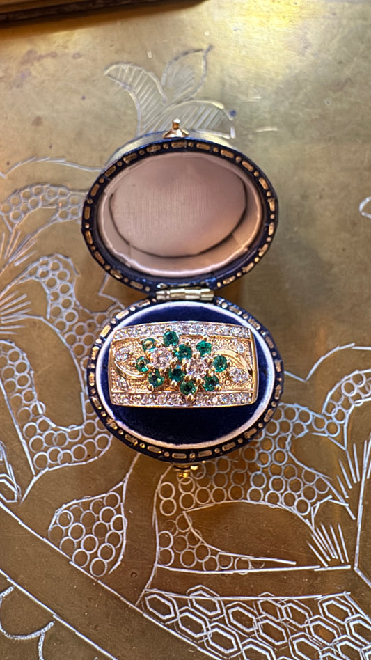 Stunning vintage emerald and diamond wide band