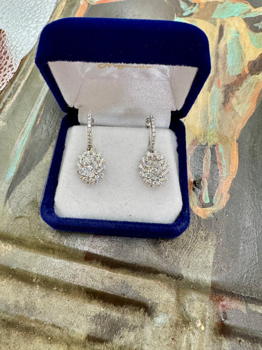 2.00ctw oval Diamond &  1.15ctw Round Diamonds Drop Earrings set in White Gold