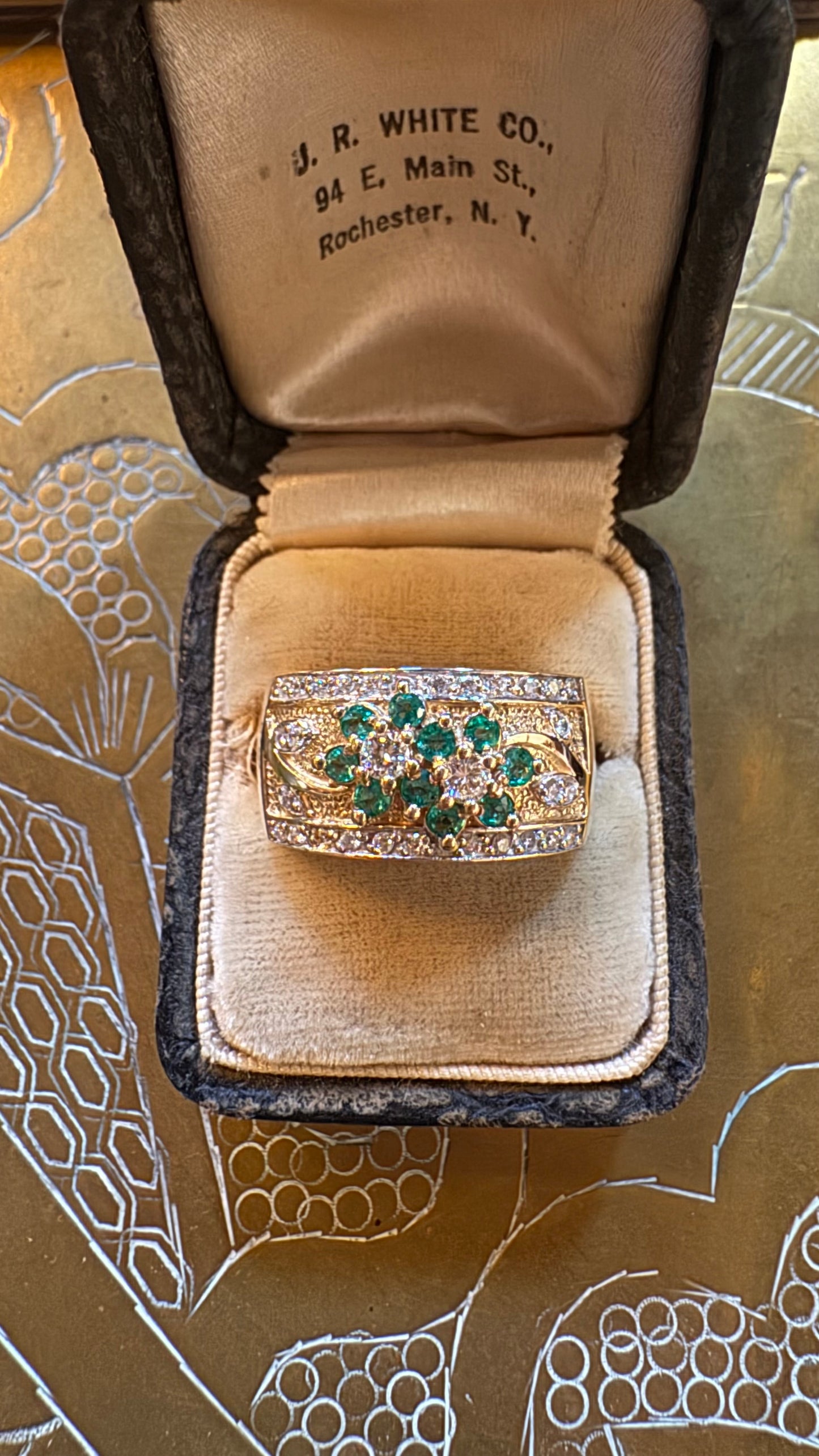 Stunning vintage emerald and diamond wide band