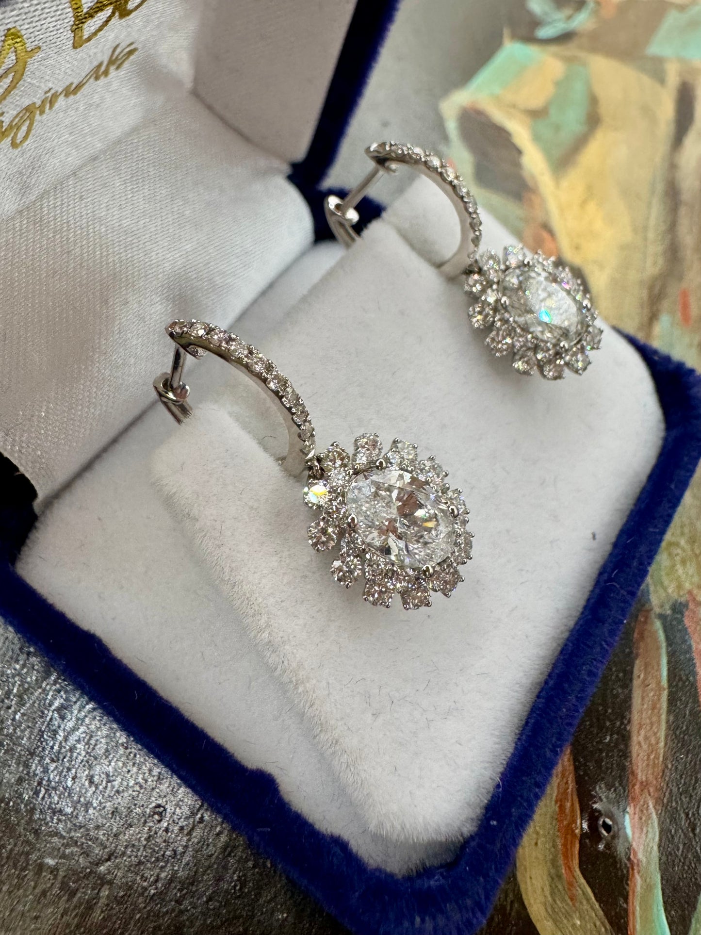 2.00ctw oval Diamond &  1.15ctw Round Diamonds Drop Earrings set in White Gold