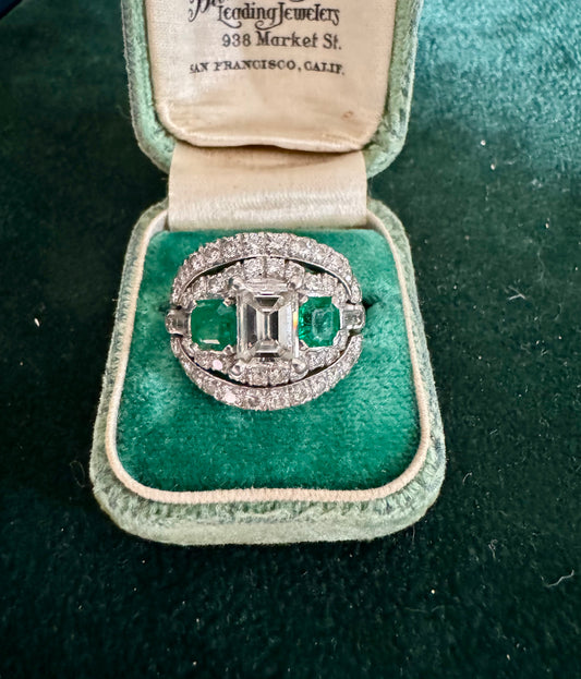 Platinum Diamond and Emerald Ring