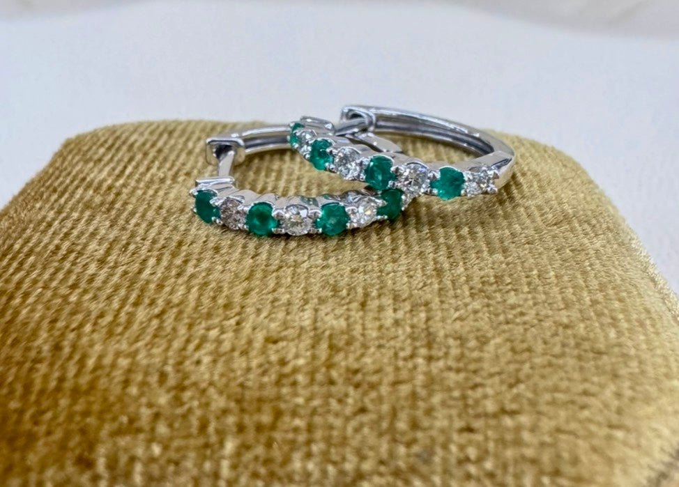 Emerald and Diamond Huggies set in 10k White Gold