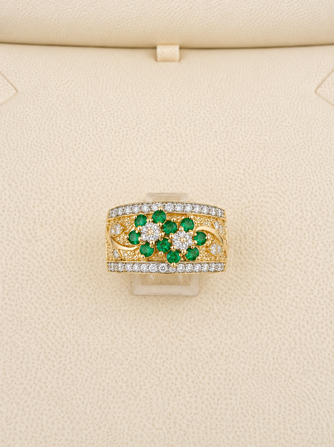 Stunning vintage emerald and diamond wide band