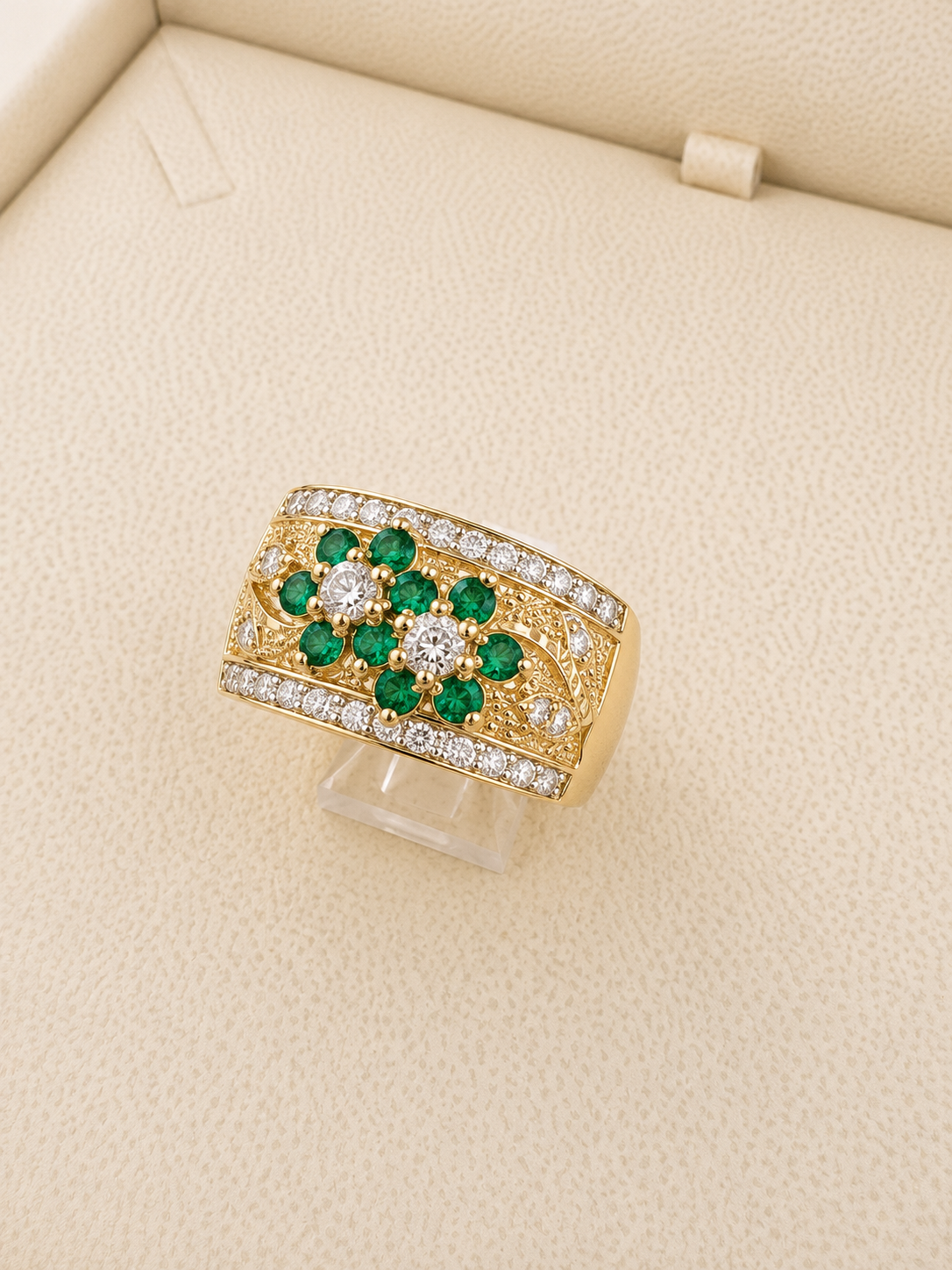 Stunning vintage emerald and diamond wide band