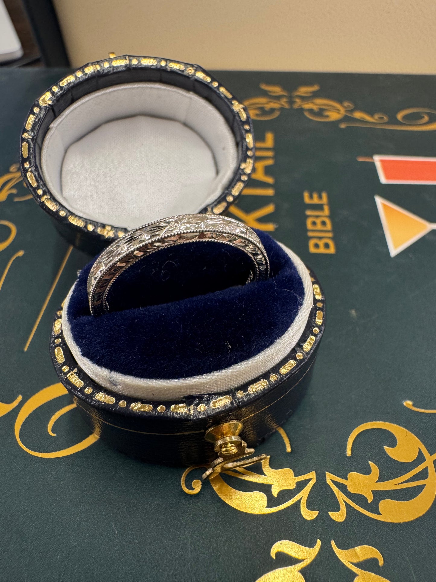 Hand engraved vintage platinum band